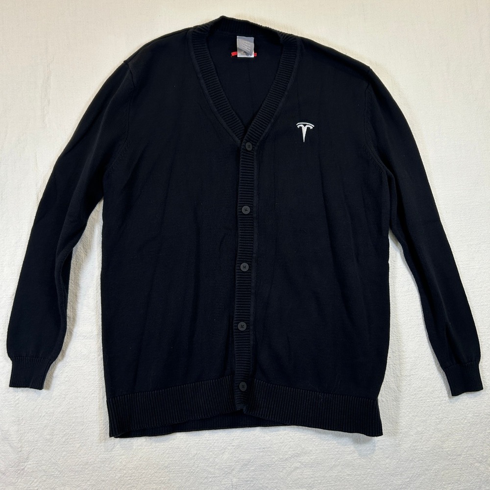 Tesla Motors Mens Black V-Neck Button Cardigan Sweater Logo Large TSL6403BK